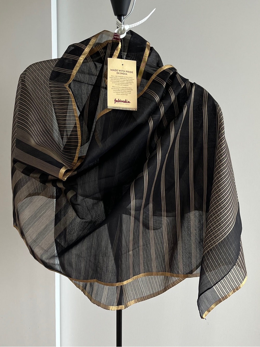 NWT Fabindia silk Cotton Stole Wrap Black & Gold Zari w Stripes